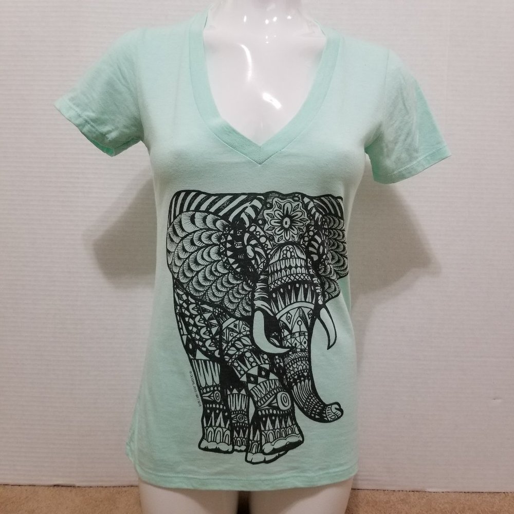 Audio Council top Small elephant zentangle mandala v-neck graphic slub knit